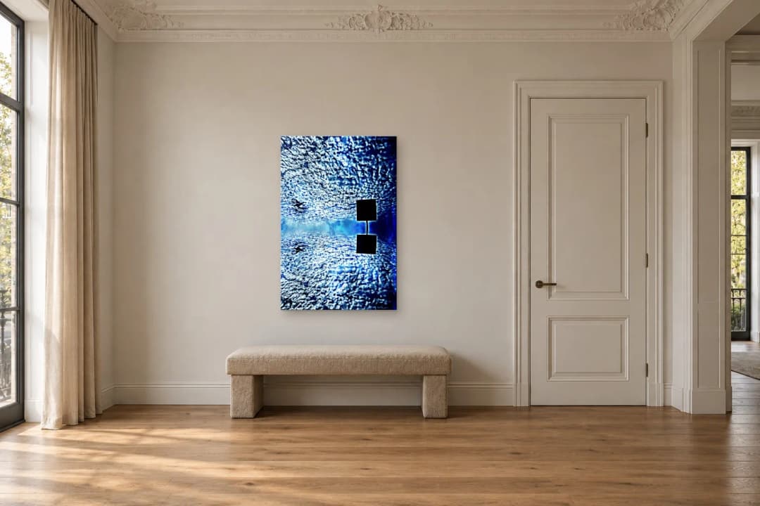 Blue Waypoint on a hallway wall at 120 × 80 cm, to scale
