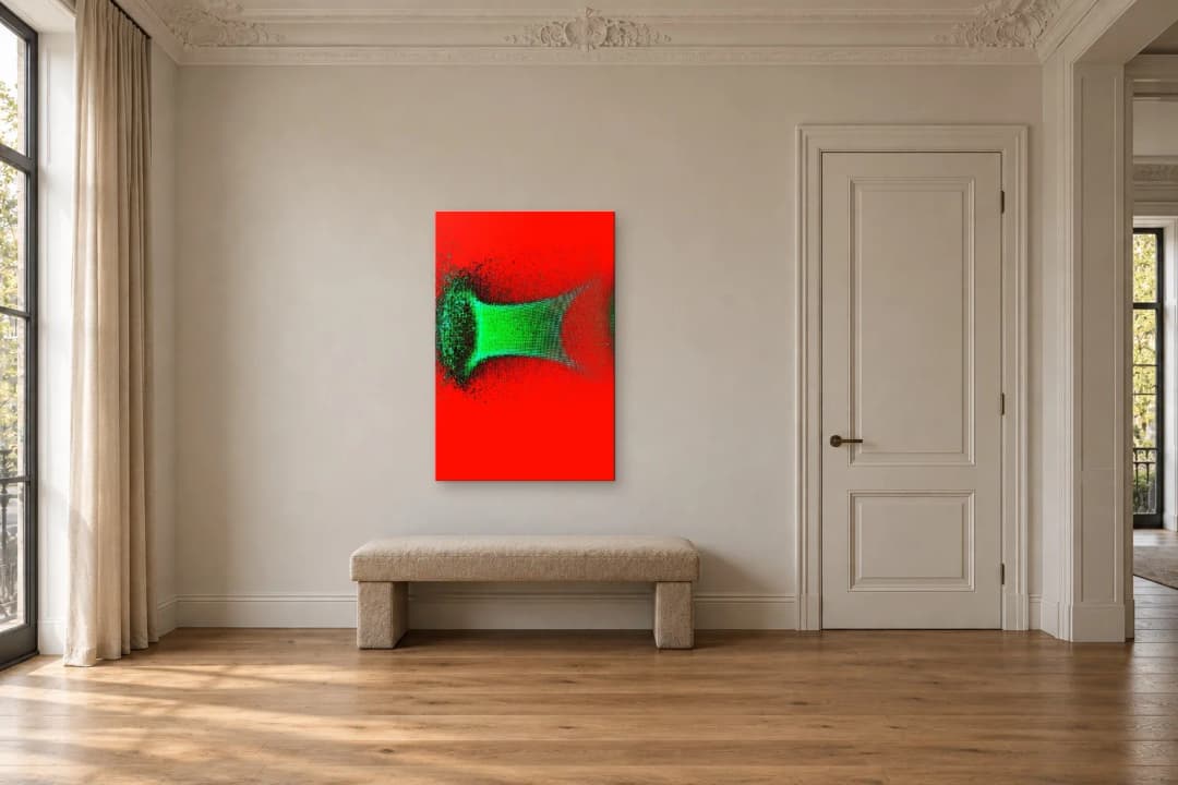 Broken Equilibrium on a hallway wall at 120 × 80 cm, to scale