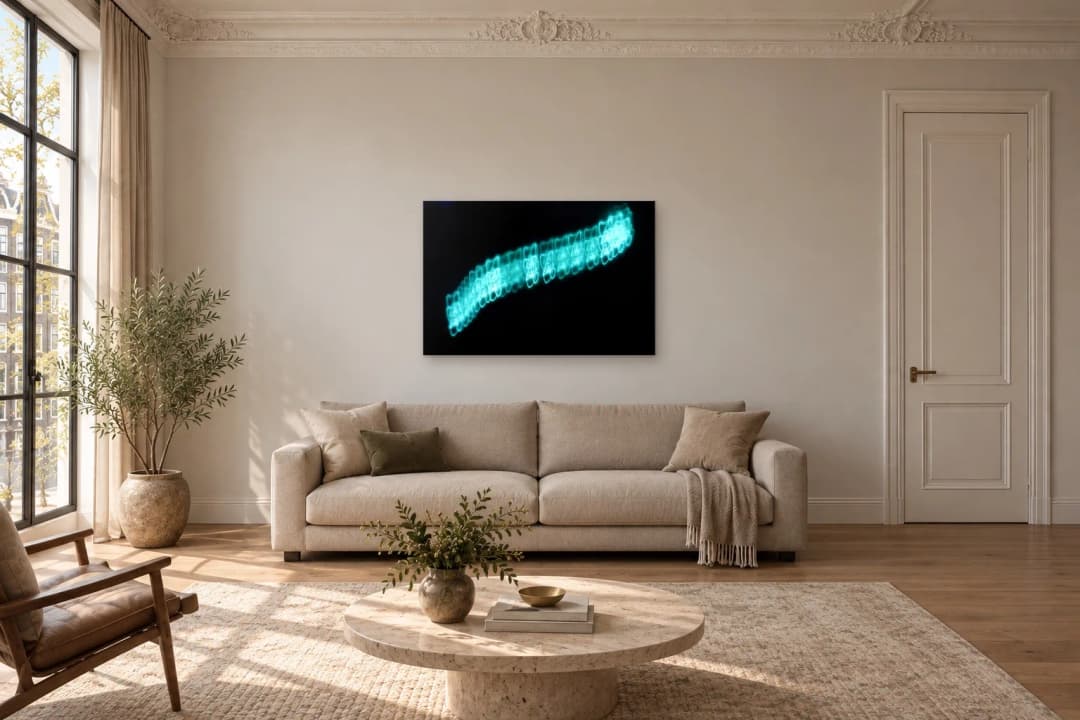 Diagonal Current on a living room wall at 120 × 80 cm, to scale