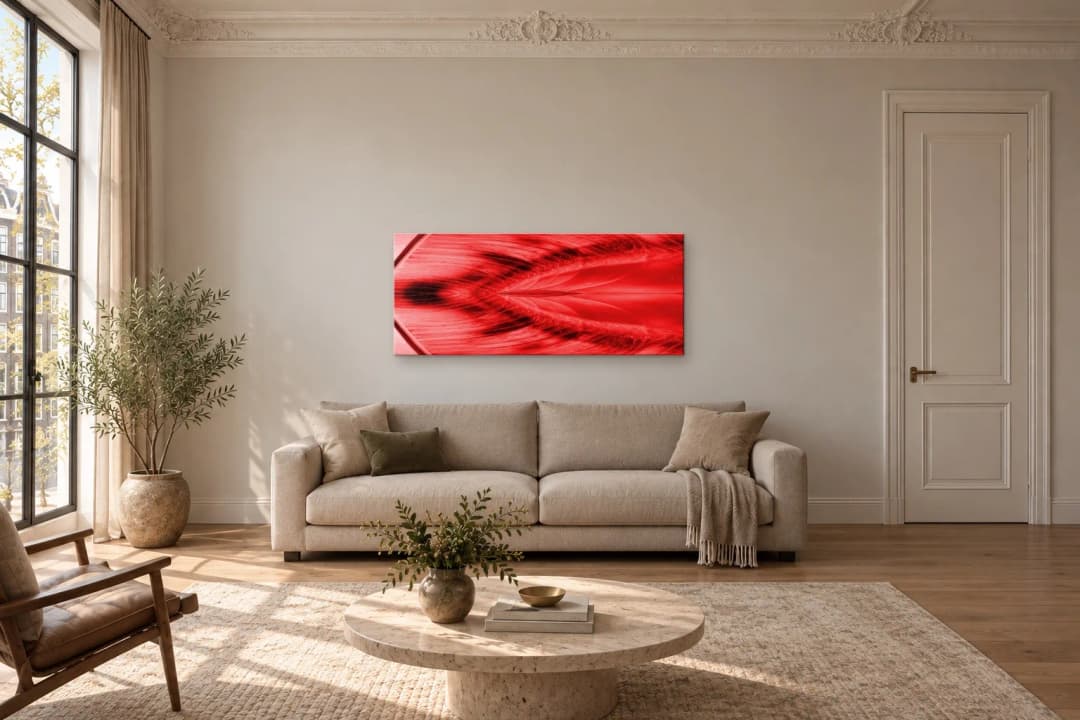 Velvet Wake on a living room wall at 150 × 63 cm, to scale