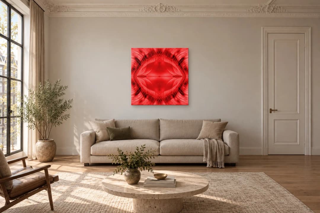 Velvet Meridian on a living room wall at 100 × 100 cm, to scale